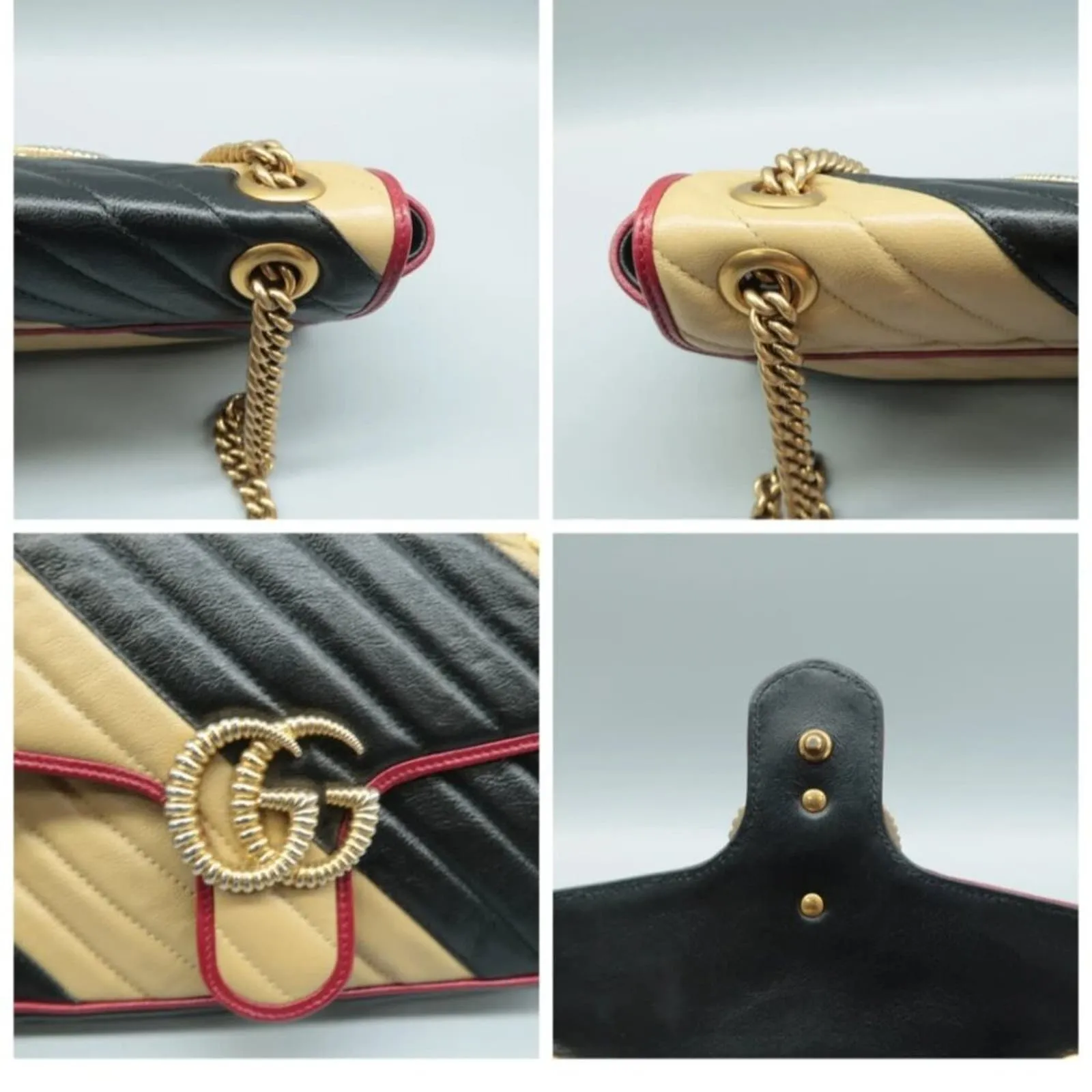 100% Authentic GUCCI GG Marmont Black&Beige Leather Shoulder Bag