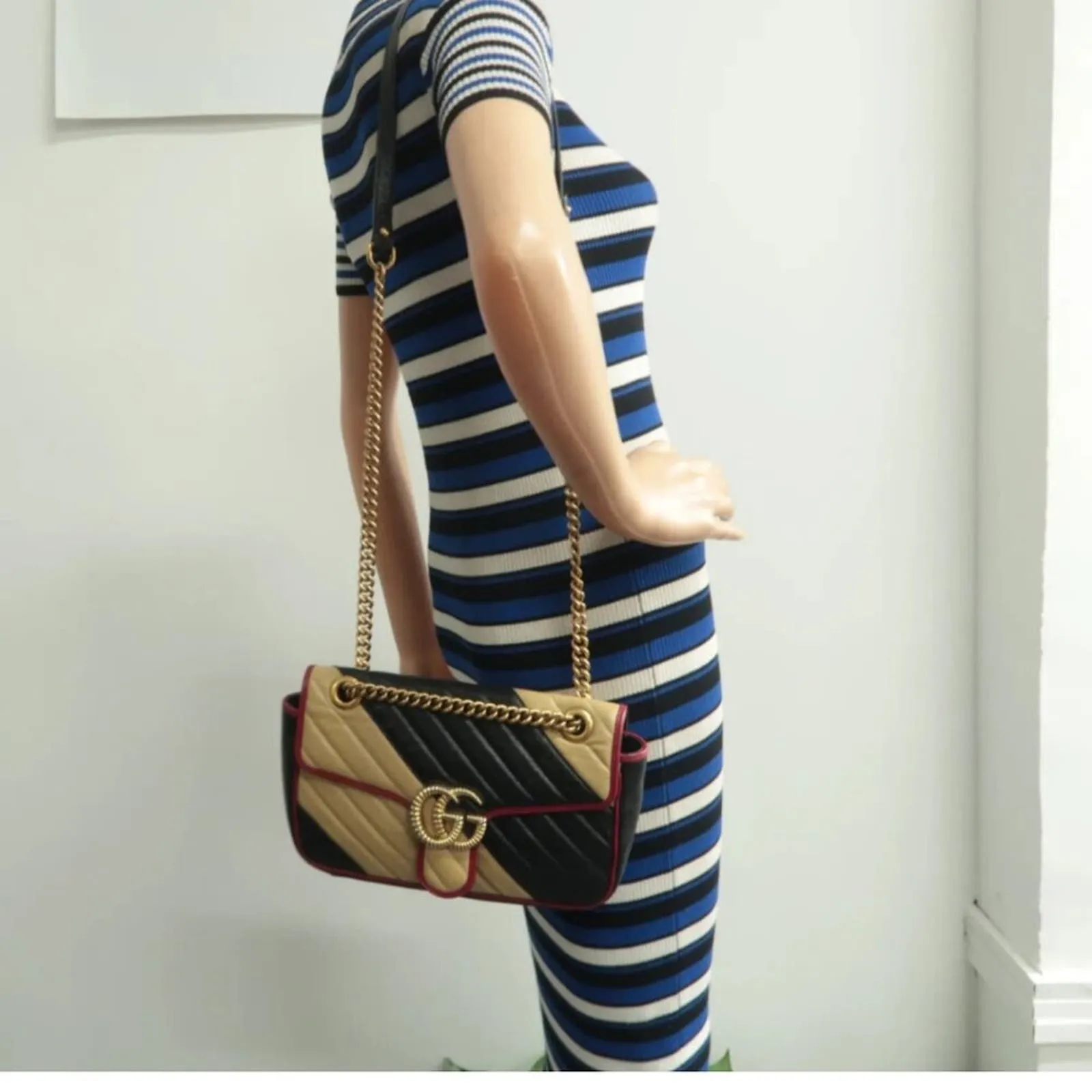 100% Authentic GUCCI GG Marmont Black&Beige Leather Shoulder Bag