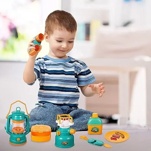 20 PCS Kids Camping Playset for Outdoor Pretend Play, Foldable Portable Play Tent Playhouse for Children Toddlers,Outdoor Toys Camping Tool Kit with Binoculars, Gas Stove, Oil Lamp, Play Foods, Kids Camping Gear Set