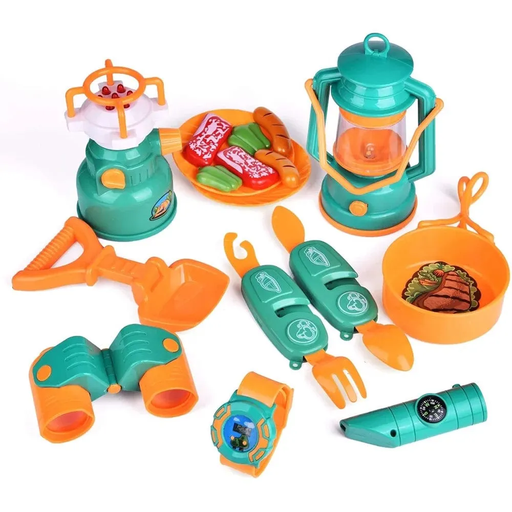 20 PCS Kids Camping Playset for Outdoor Pretend Play, Foldable Portable Play Tent Playhouse for Children Toddlers,Outdoor Toys Camping Tool Kit with Binoculars, Gas Stove, Oil Lamp, Play Foods, Kids Camping Gear Set