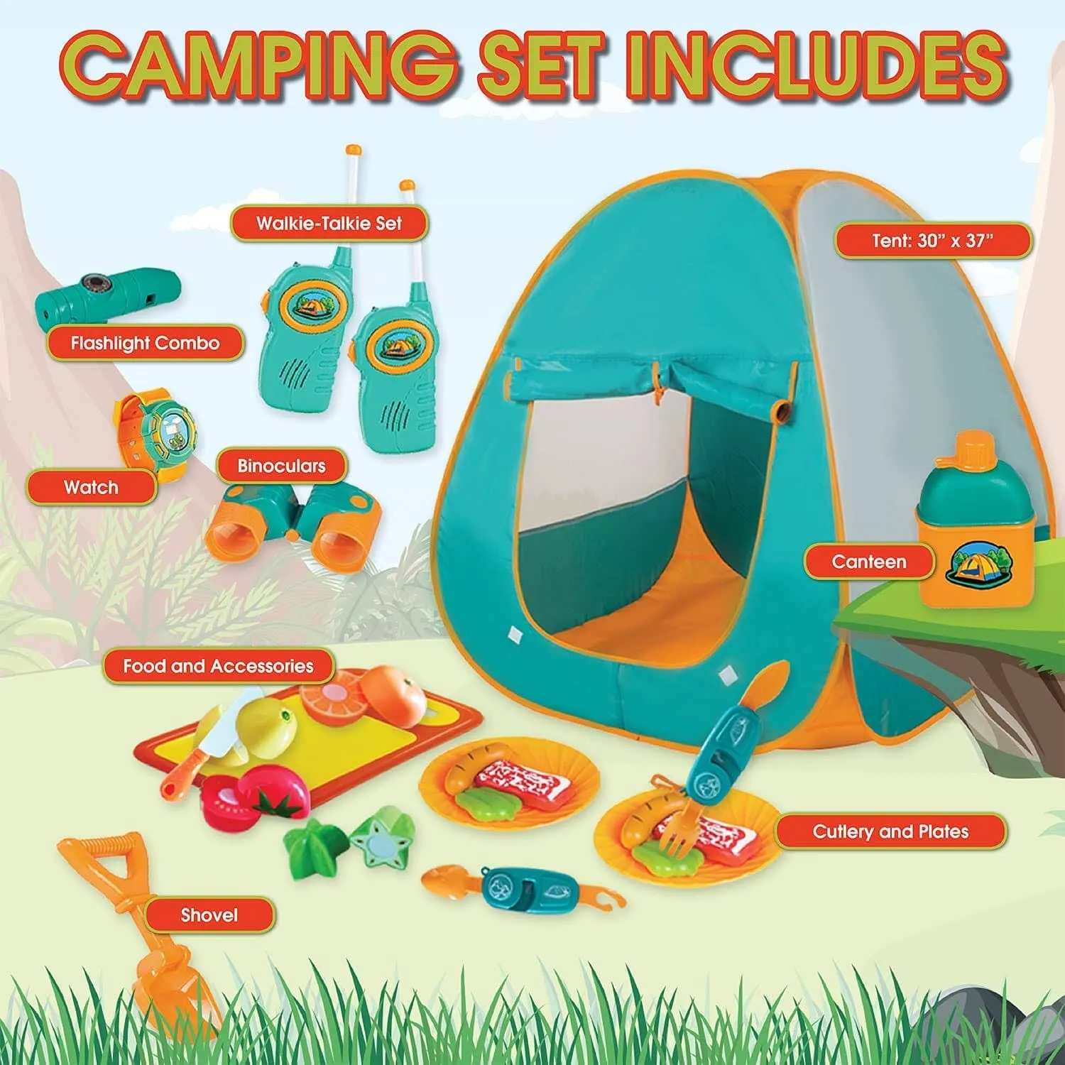 20 PCS Kids Camping Playset for Outdoor Pretend Play, Foldable Portable Play Tent Playhouse for Children Toddlers,Outdoor Toys Camping Tool Kit with Binoculars, Gas Stove, Oil Lamp, Play Foods, Kids Camping Gear Set
