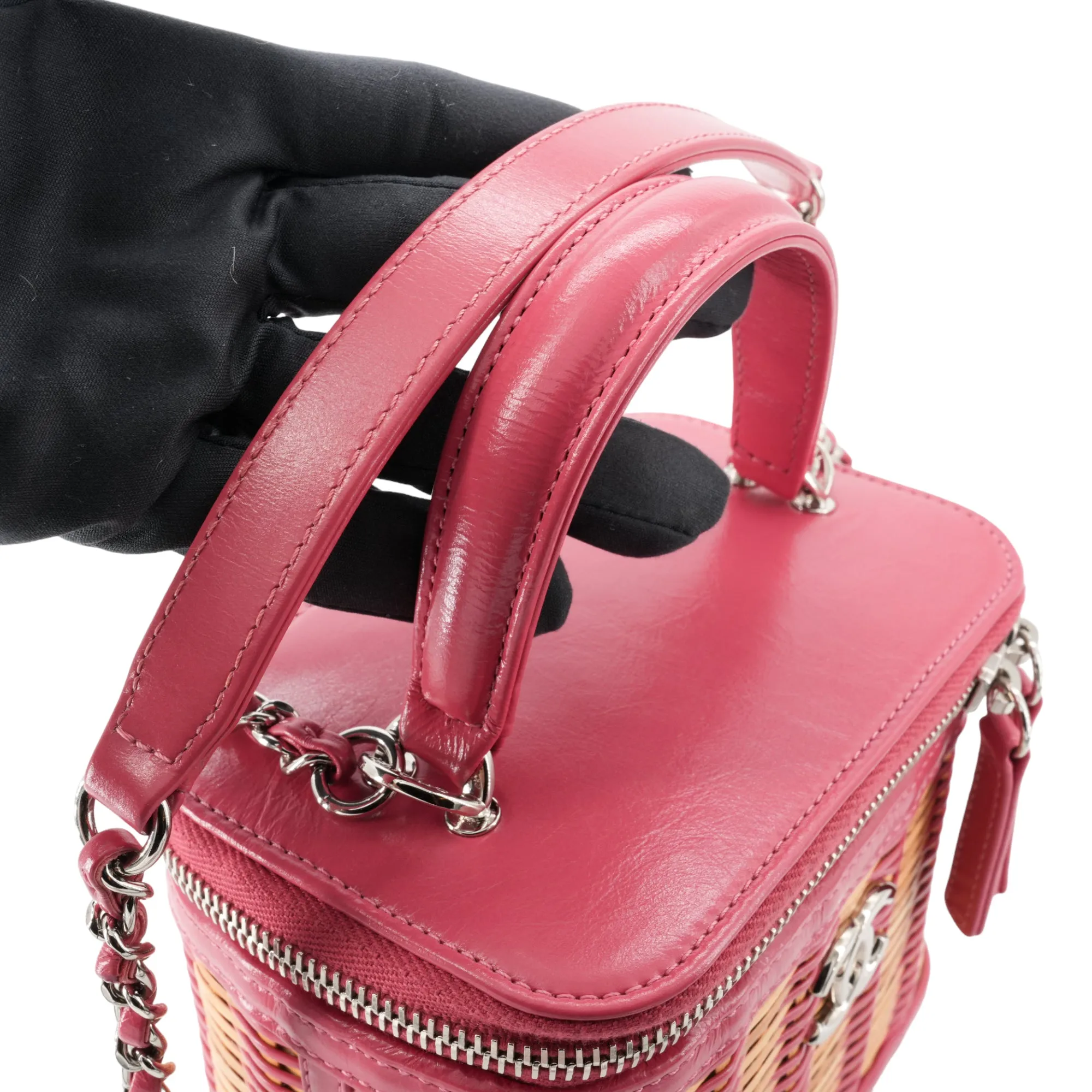 21C Pink Rattan Wicker Small Vanity Case with Top Handle