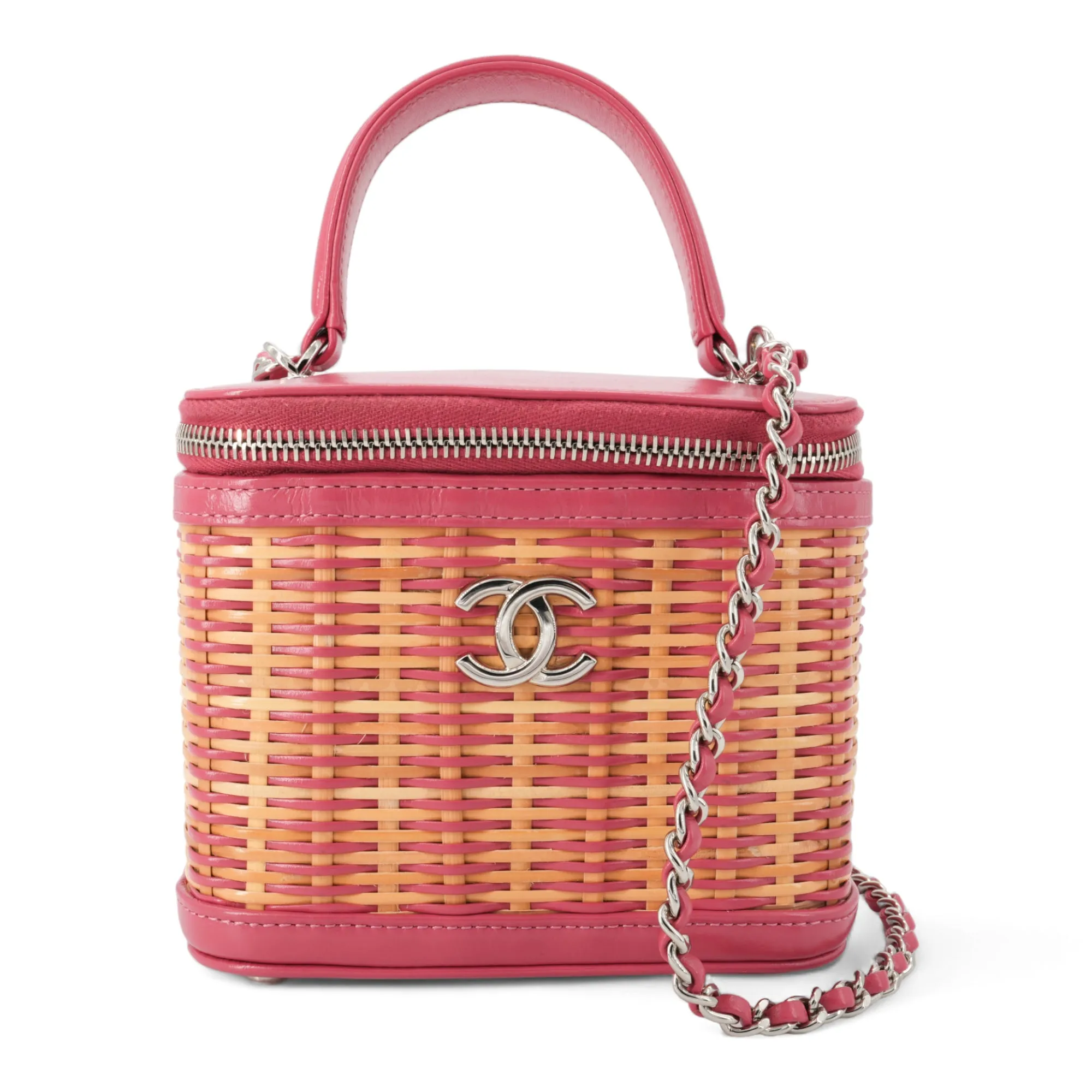 21C Pink Rattan Wicker Small Vanity Case with Top Handle