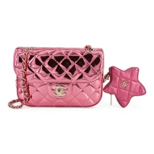 24C Pink Mirror Calfskin Mini Flap Bag with Star Coin Purse