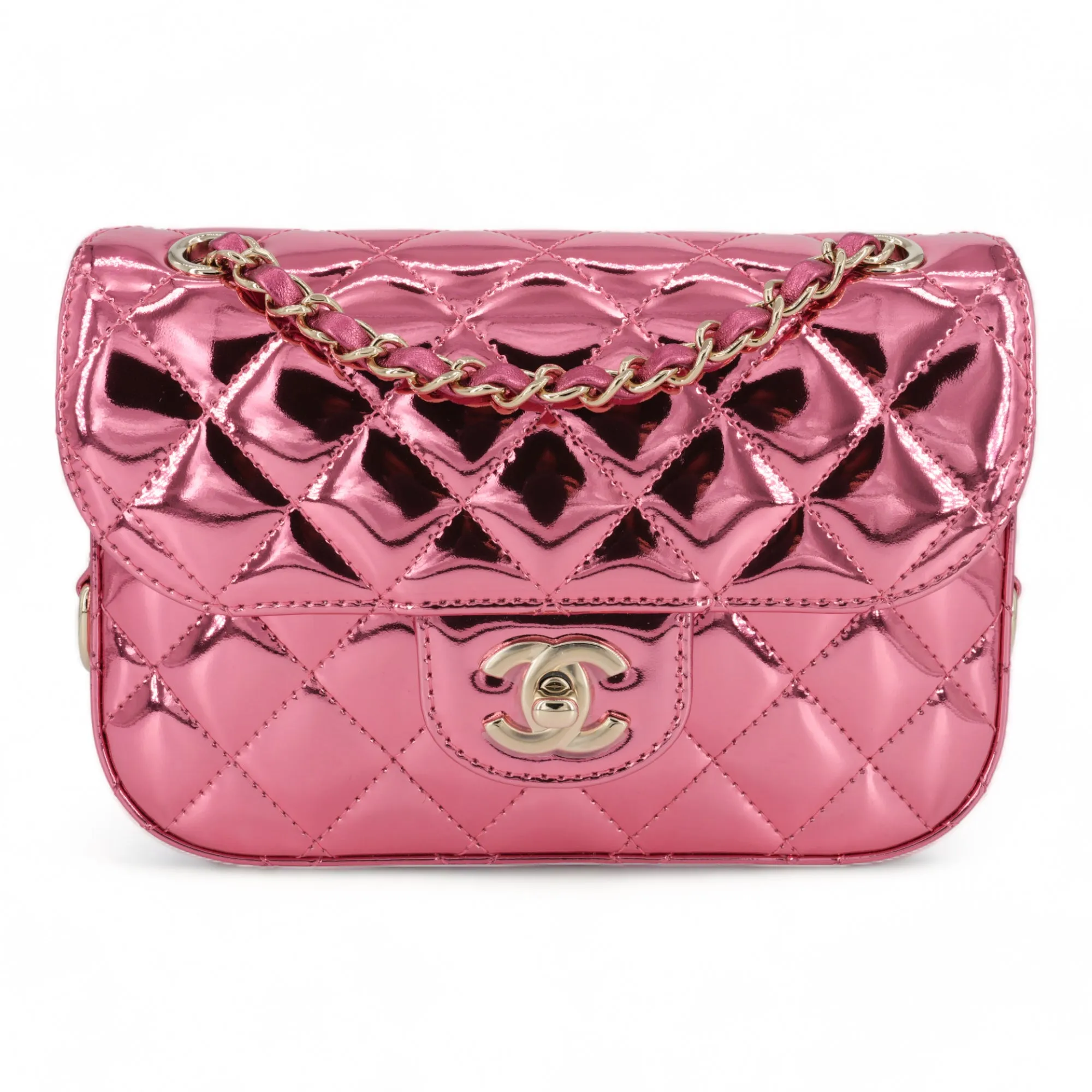 24C Pink Mirror Calfskin Mini Flap Bag with Star Coin Purse