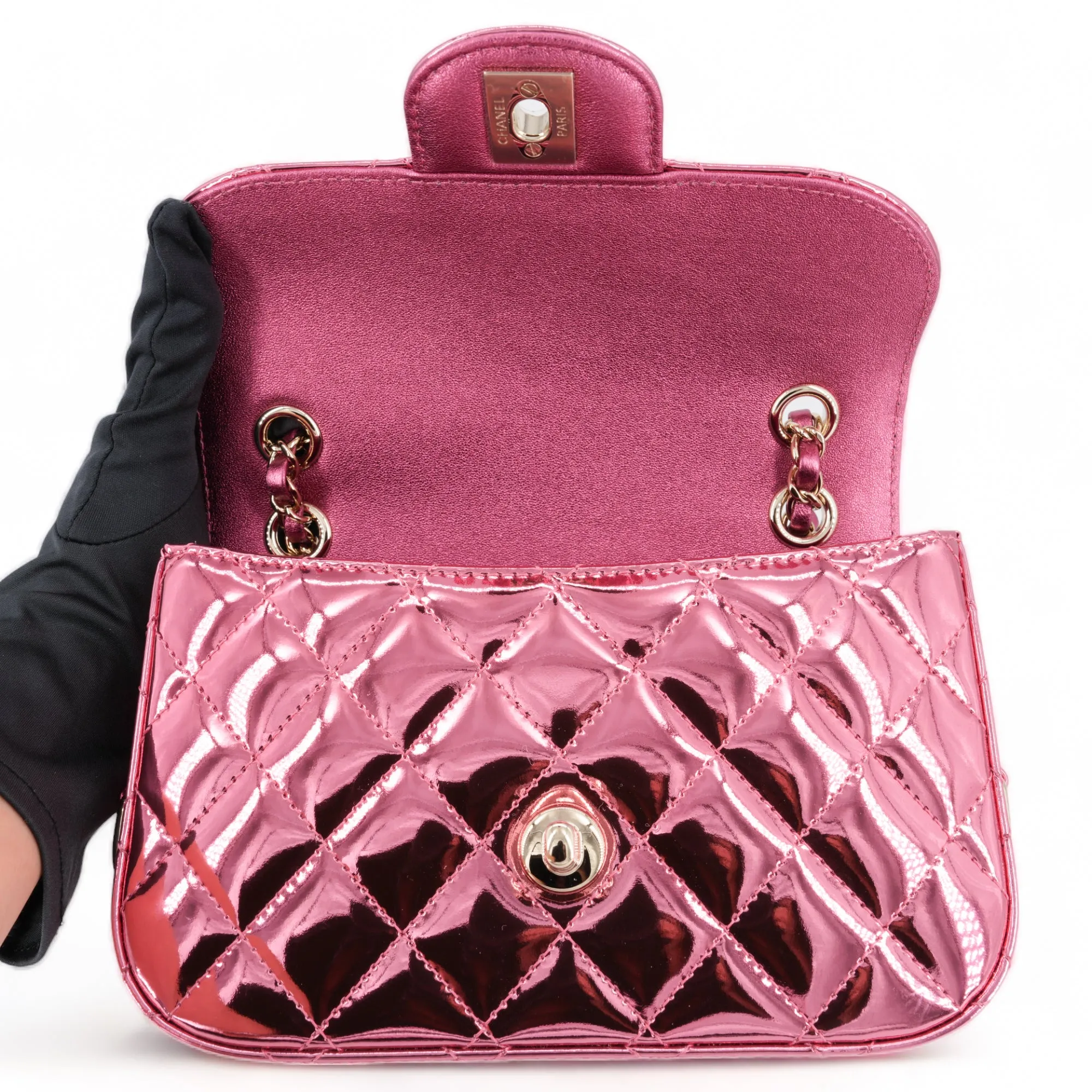 24C Pink Mirror Calfskin Mini Flap Bag with Star Coin Purse