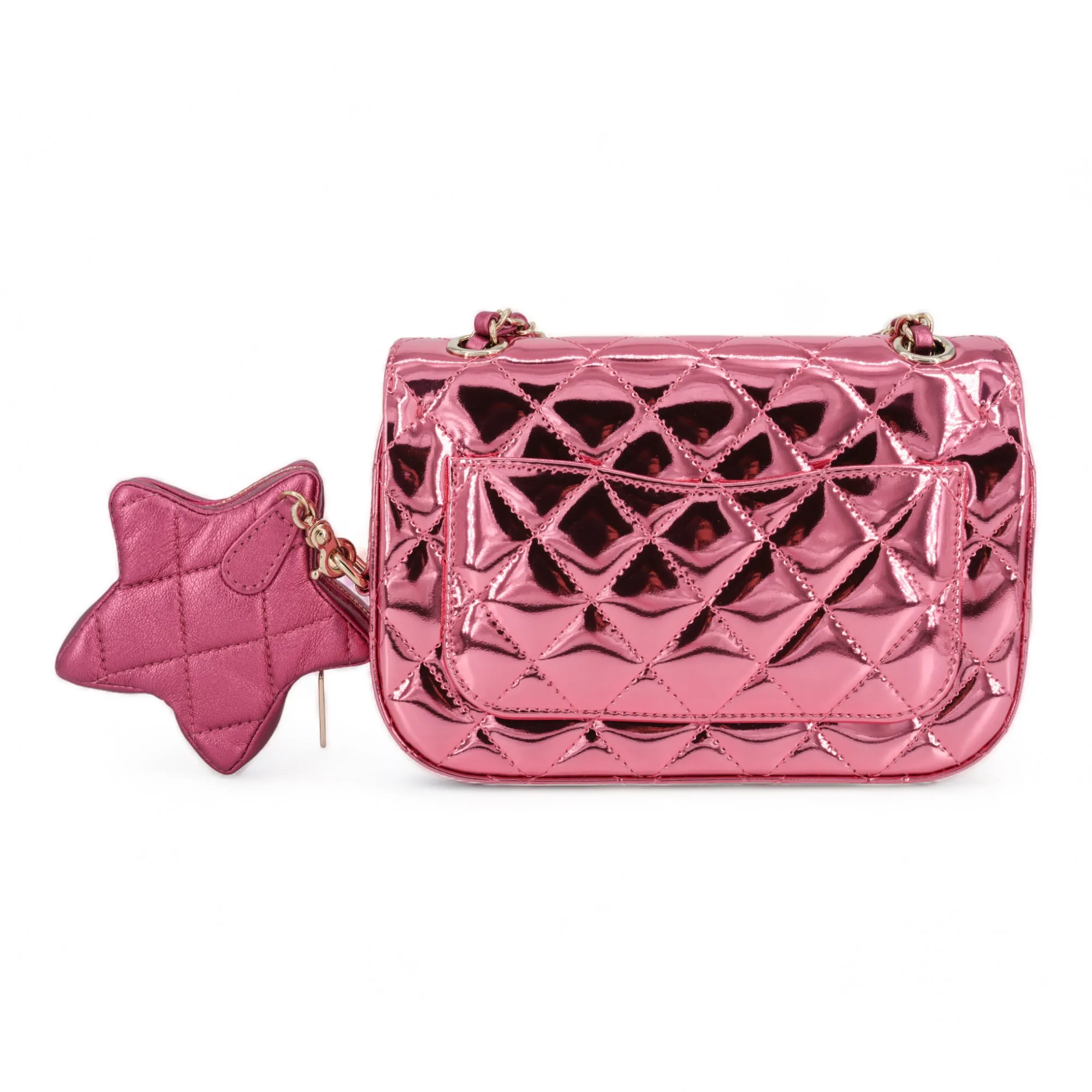 24C Pink Mirror Calfskin Mini Flap Bag with Star Coin Purse