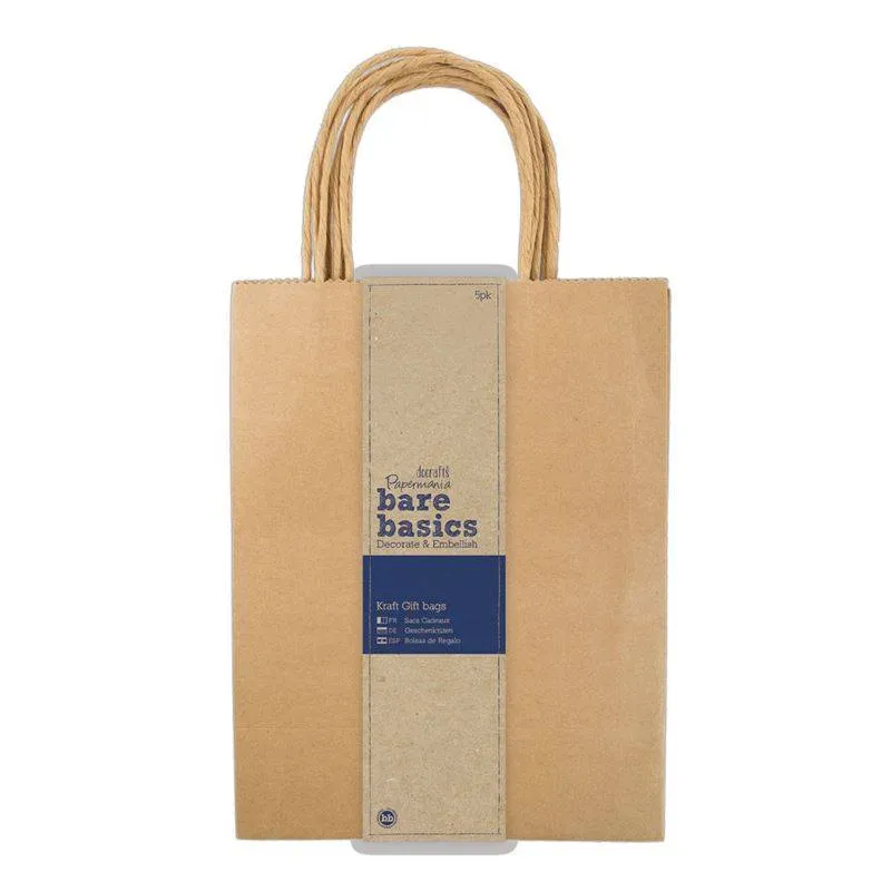 5 x Papermania Bare Basics Kraft Gift Large Bags With Twisted Handle 20cm x 26cm