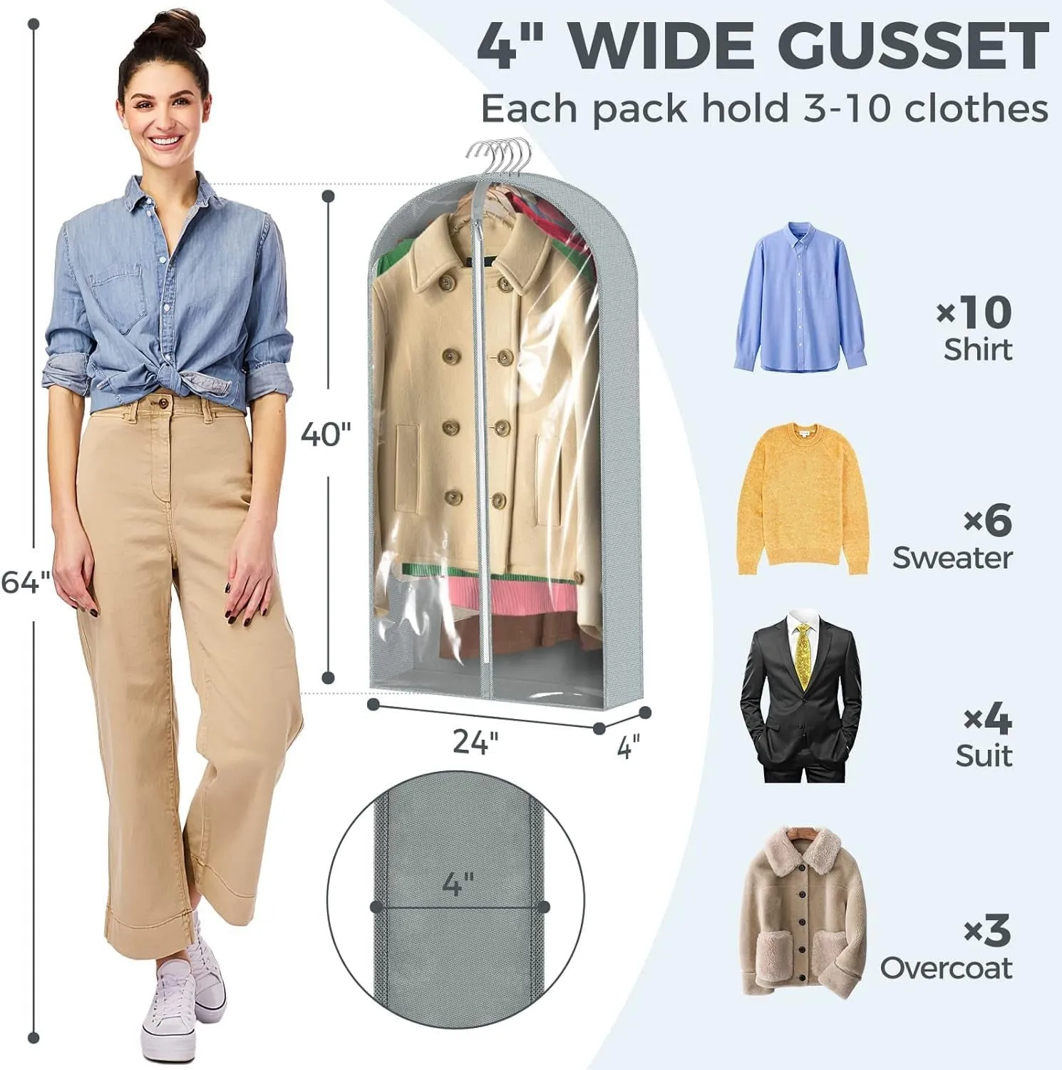 6 pcs 40" Travel Garment Bags with 4" Gussets for Coats Jackets Shirts Sweater and Suit