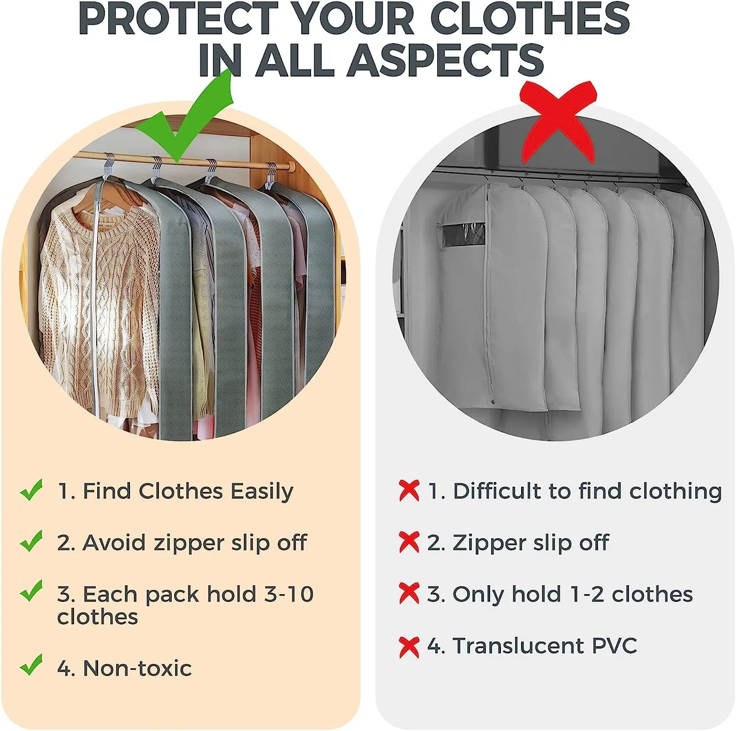 6 pcs 40" Travel Garment Bags with 4" Gussets for Coats Jackets Shirts Sweater and Suit