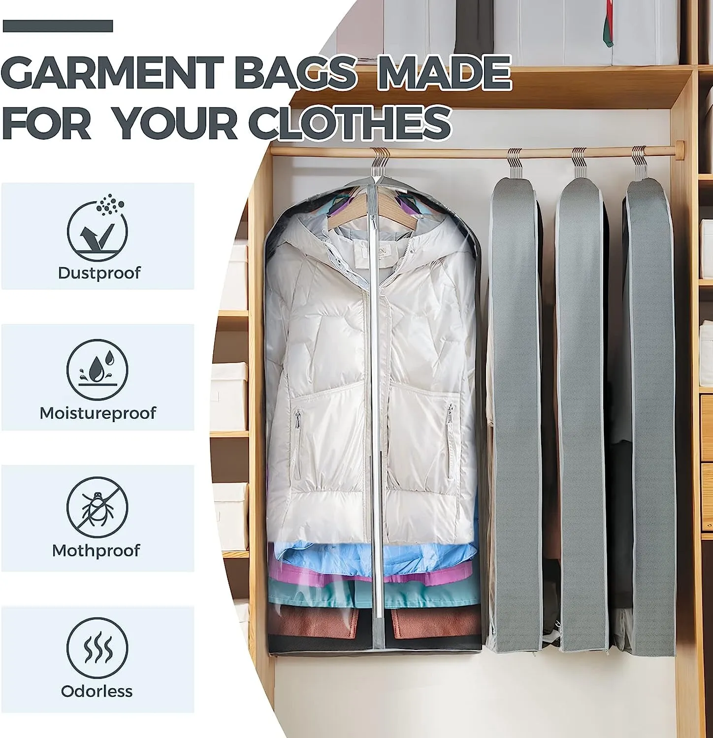 6 pcs 40" Travel Garment Bags with 4" Gussets for Coats Jackets Shirts Sweater and Suit
