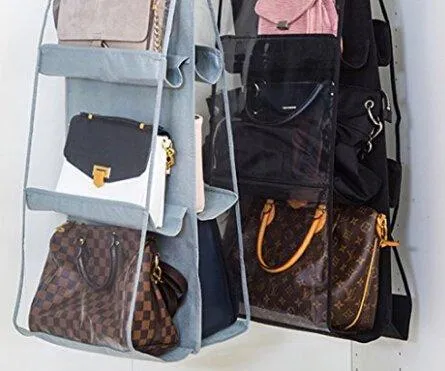 6 Pockets Hanging Closet Organizer Clear Easy Accees Anti-dust Cover Handbag Purse Holder Storage Bag Collection Shoes Clothes Space Saver Bag with a Hanging Hook (Black)