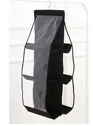 6 Pockets Hanging Closet Organizer Clear Easy Accees Anti-dust Cover Handbag Purse Holder Storage Bag Collection Shoes Clothes Space Saver Bag with a Hanging Hook (Black)