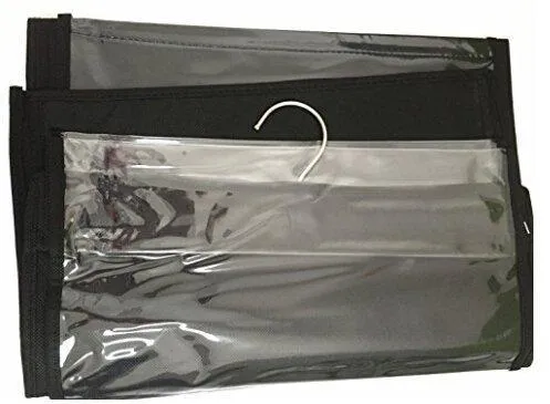 6 Pockets Hanging Closet Organizer Clear Easy Accees Anti-dust Cover Handbag Purse Holder Storage Bag Collection Shoes Clothes Space Saver Bag with a Hanging Hook (Black)