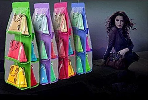 6 Pockets Hanging Closet Organizer Clear Easy Accees Anti-dust Cover Handbag Purse Holder Storage Bag Collection Shoes Clothes Space Saver Bag with a Hanging Hook (Black)