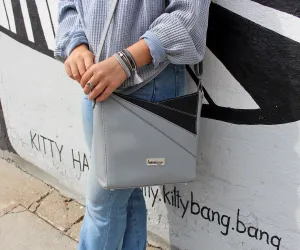 Angular Designer Leather Galloper Gray Black Handbag