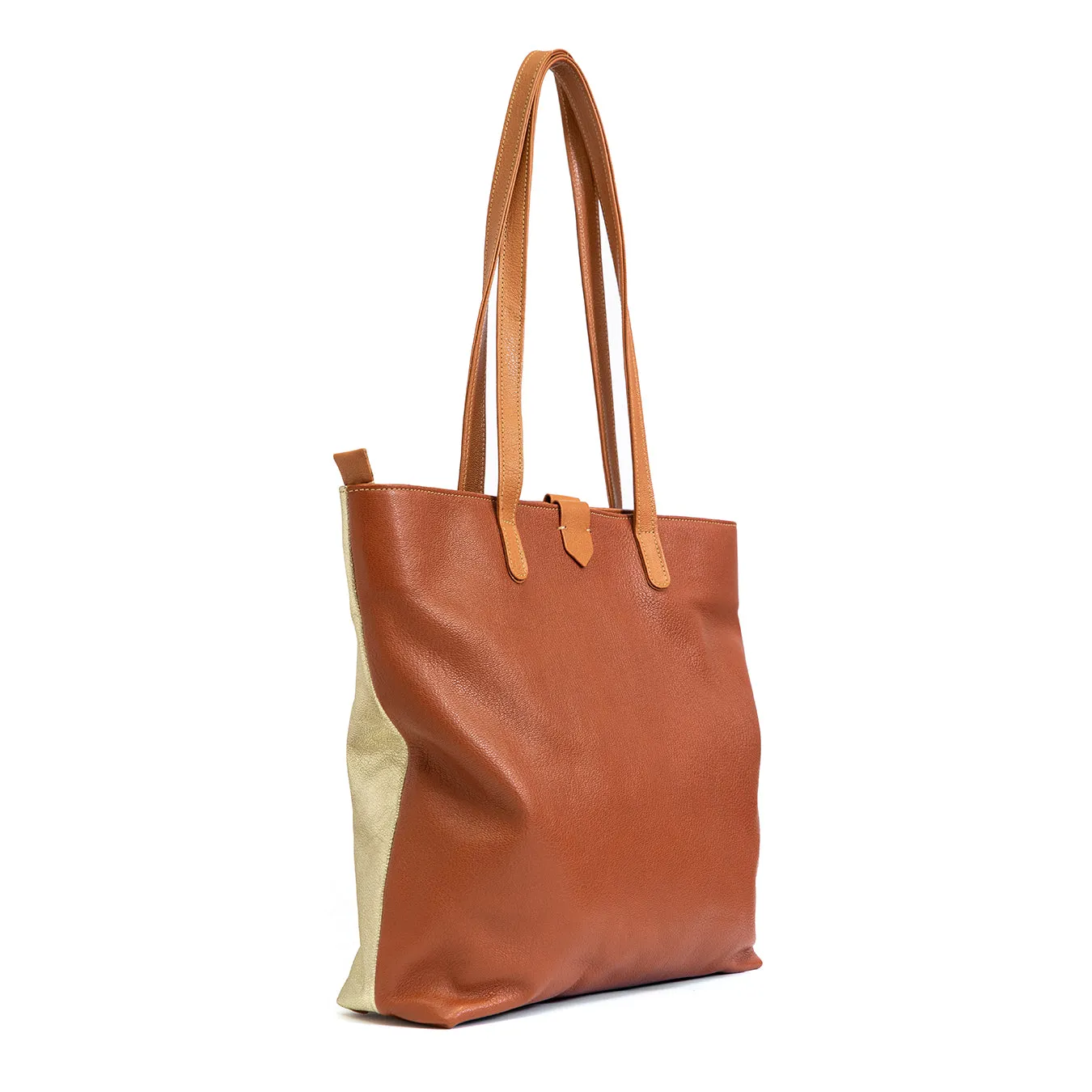 Awonke : Ladies Leather Shopper Handbag in Suede & Oak Cayak and Platino Metal Grain