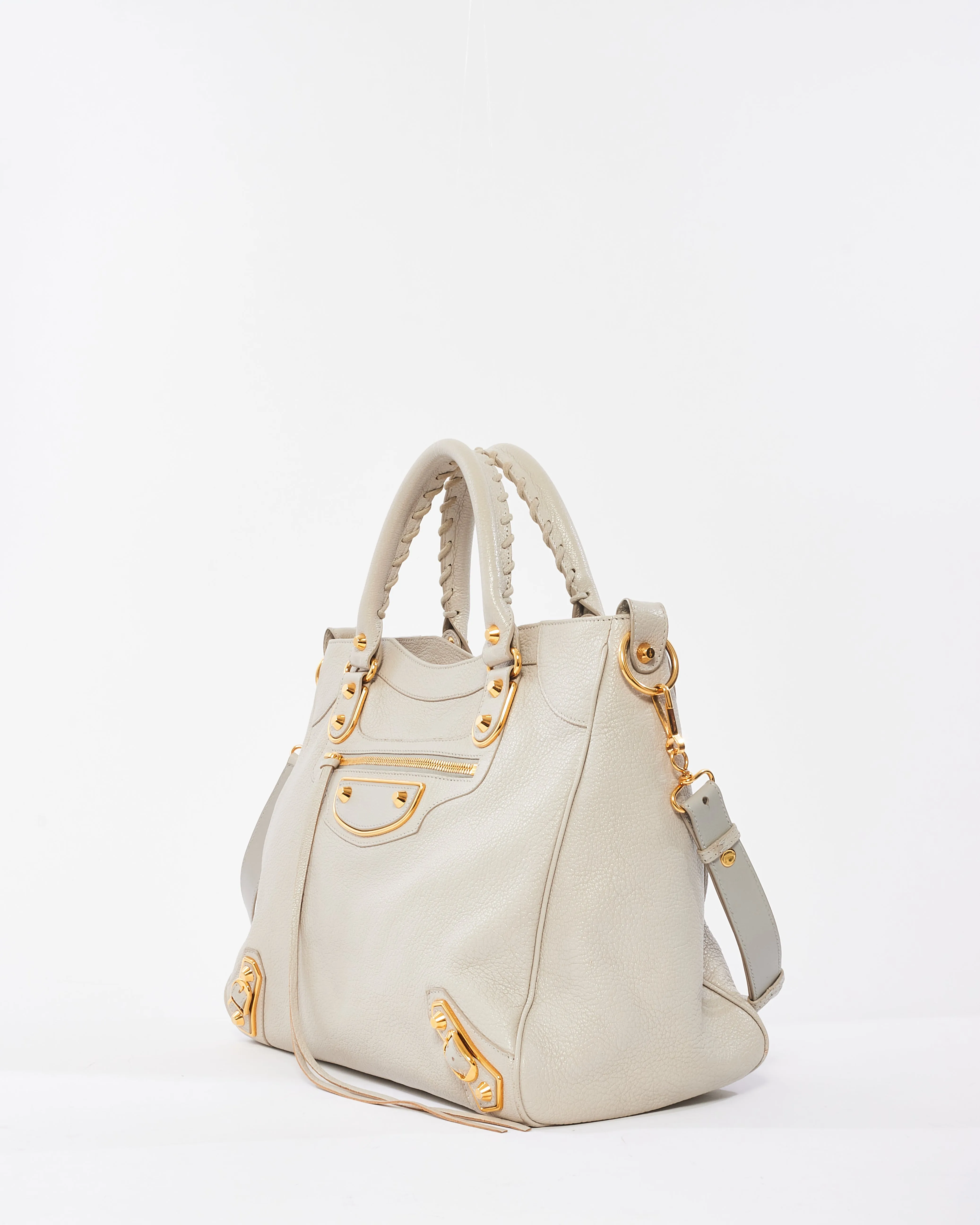 Balenciaga Light Grey Leather Giant 12 Gold Hardware Motocross Velo Bag