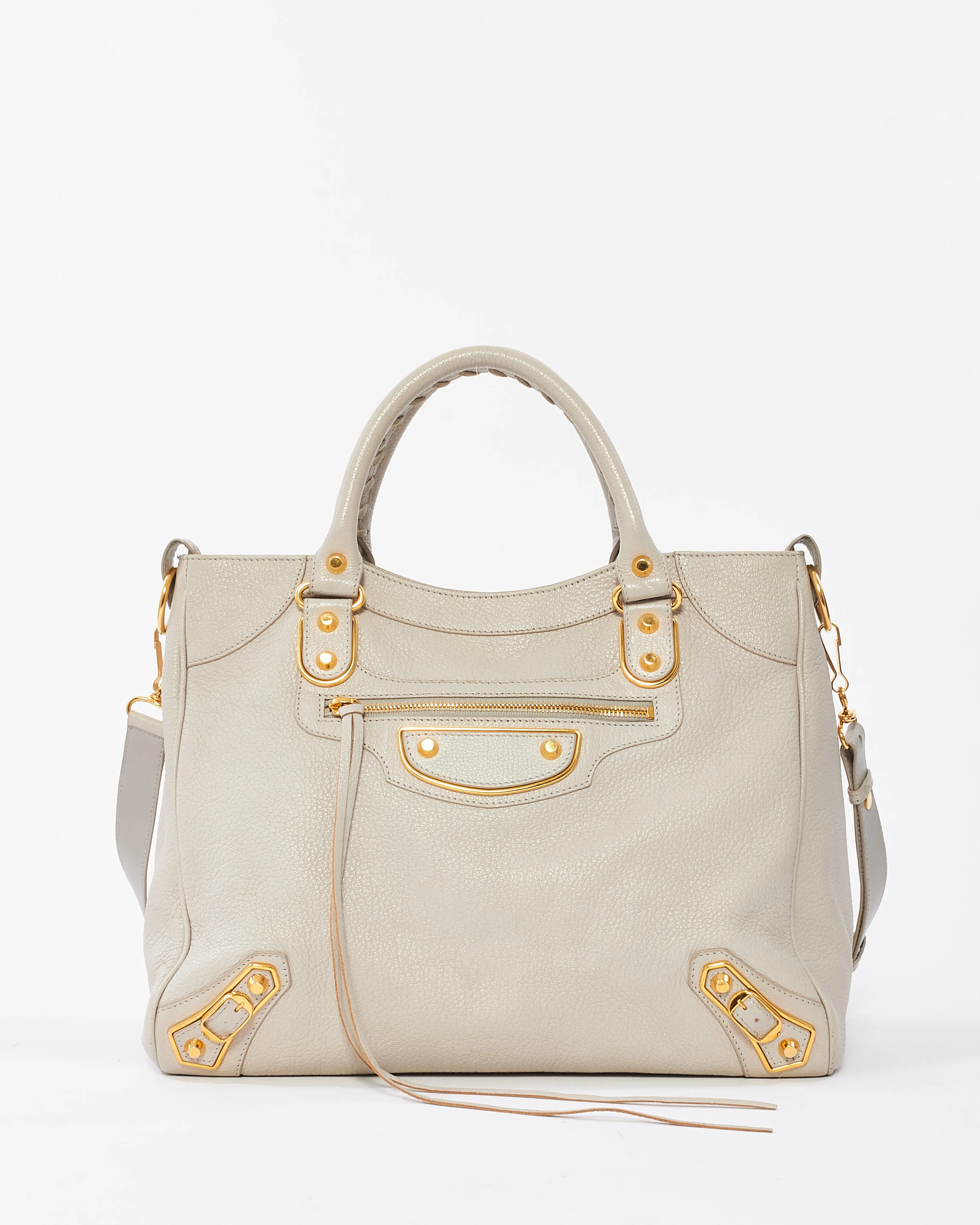 Balenciaga Light Grey Leather Giant 12 Gold Hardware Motocross Velo Bag