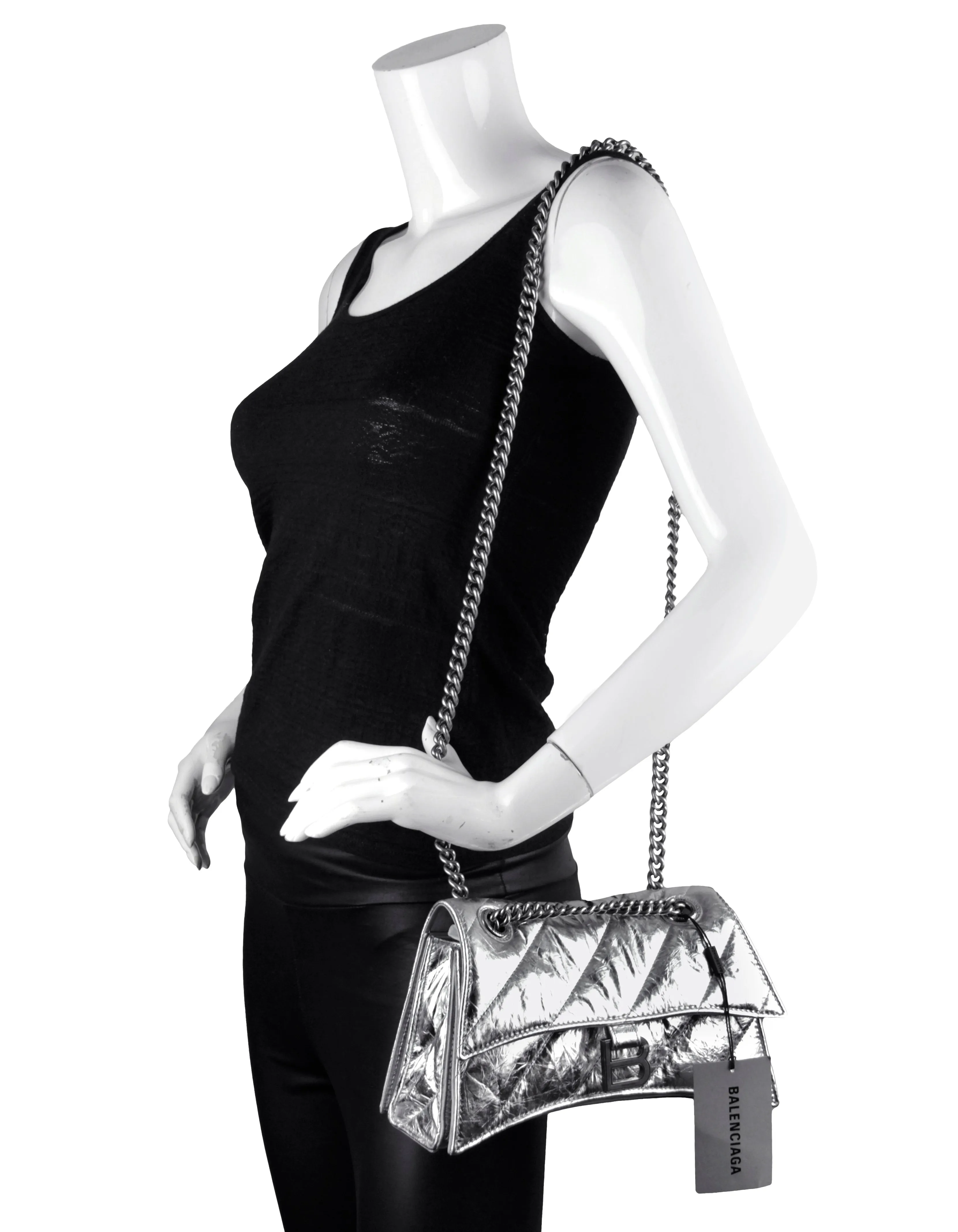 Balenciaga NWT Silver Crinkled-Leather Small Hourglass Chain Shoulder bag