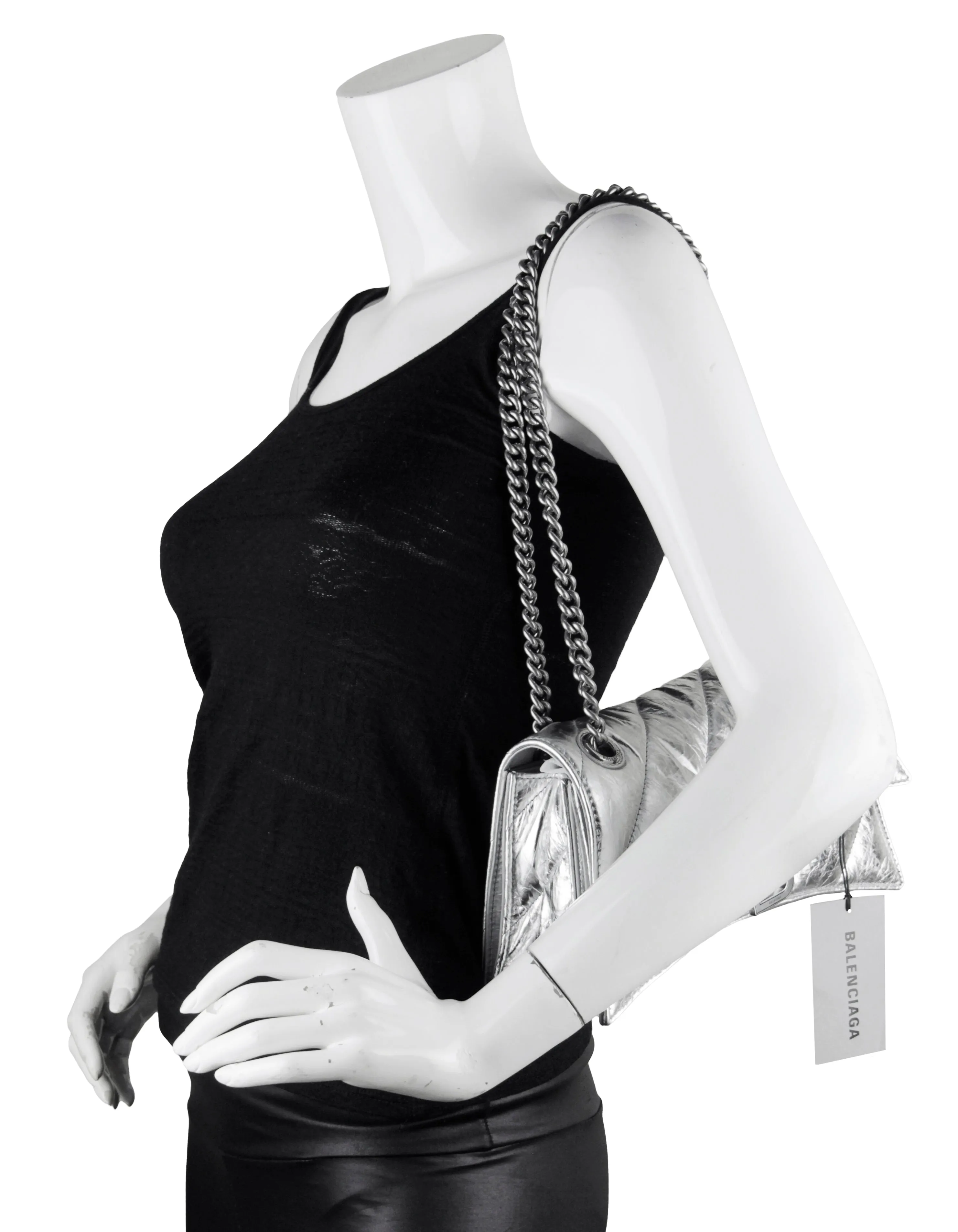 Balenciaga NWT Silver Crinkled-Leather Small Hourglass Chain Shoulder bag
