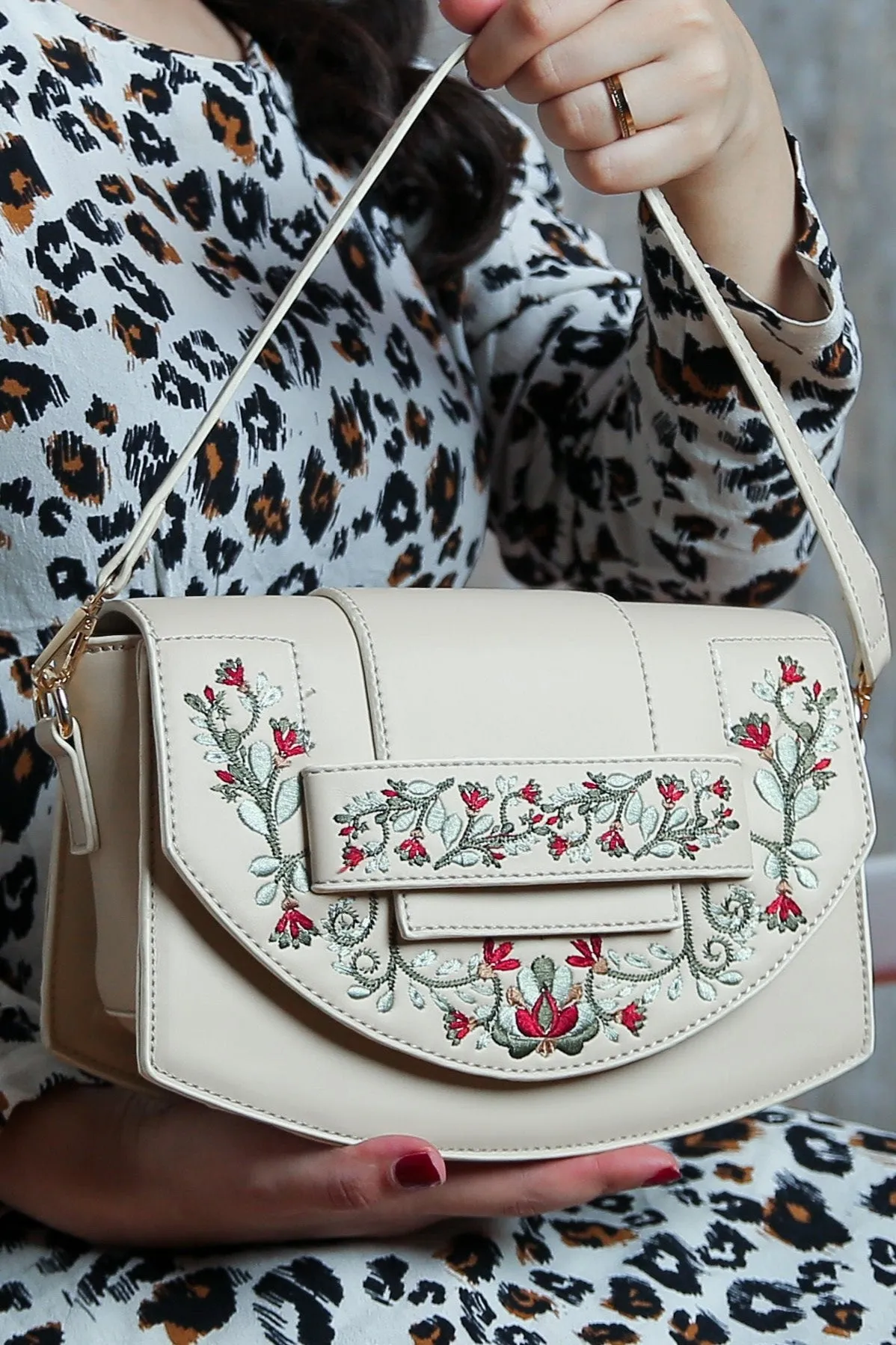 Beige Leather Cross Bag With Front Flower Embroidered