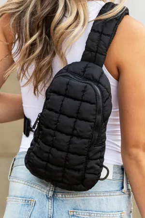Berkley, Black Plain Puffer Quilted Crossbody Bag