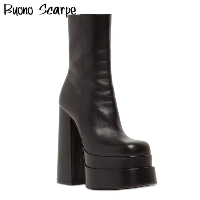 Black Leather Chunky High Heels Platform Boots Square Toe Slip on Mid Calf Boots Side Zipper Platform Shoes for Women'S Boots