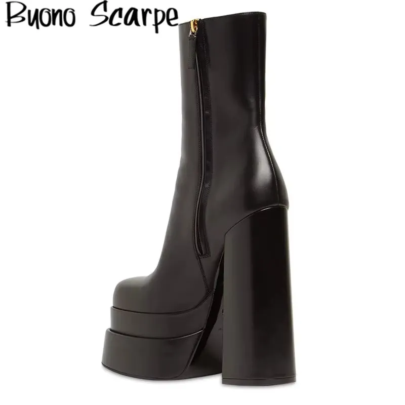 Black Leather Chunky High Heels Platform Boots Square Toe Slip on Mid Calf Boots Side Zipper Platform Shoes for Women'S Boots