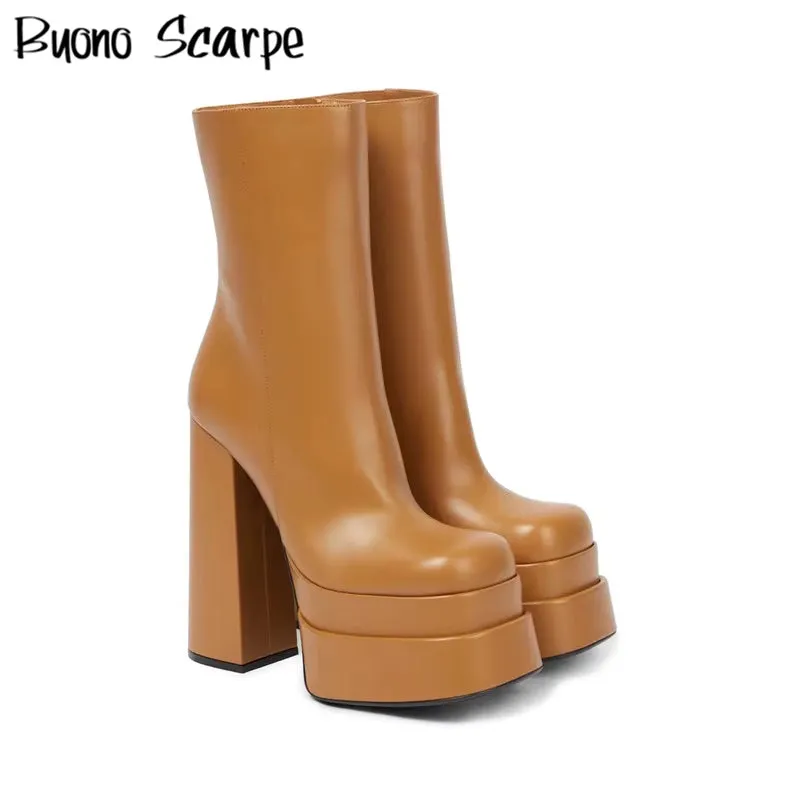 Black Leather Chunky High Heels Platform Boots Square Toe Slip on Mid Calf Boots Side Zipper Platform Shoes for Women'S Boots