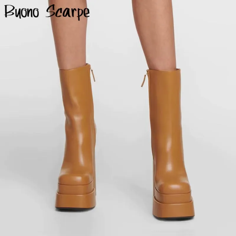 Black Leather Chunky High Heels Platform Boots Square Toe Slip on Mid Calf Boots Side Zipper Platform Shoes for Women'S Boots