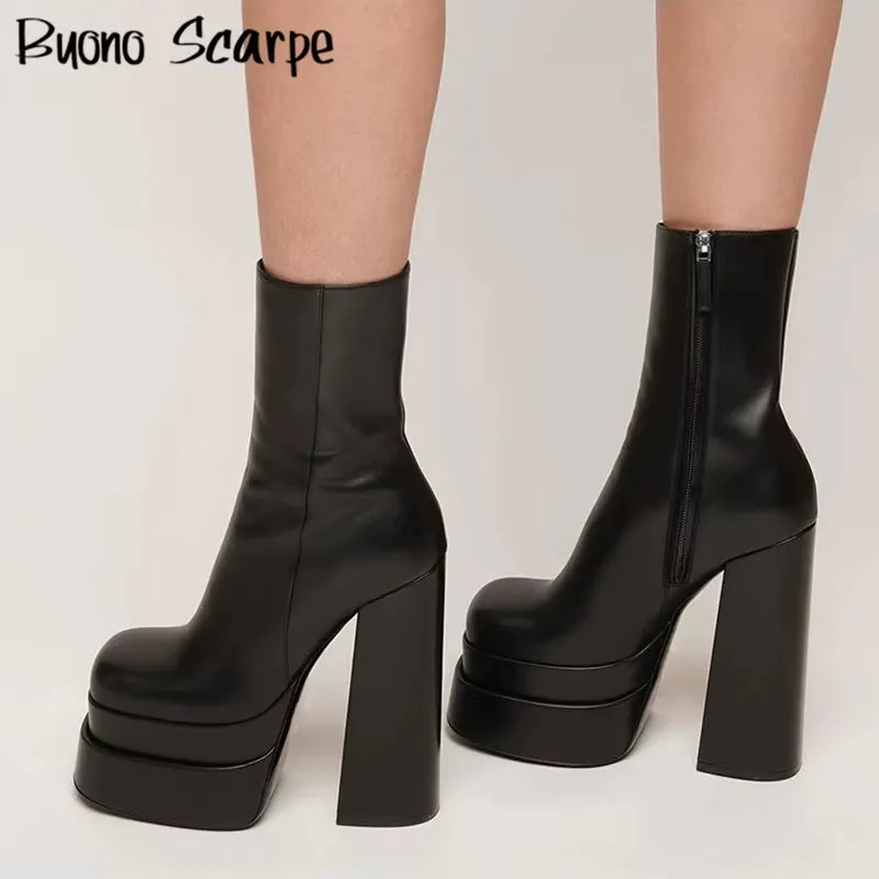 Black Leather Chunky High Heels Platform Boots Square Toe Slip on Mid Calf Boots Side Zipper Platform Shoes for Women'S Boots