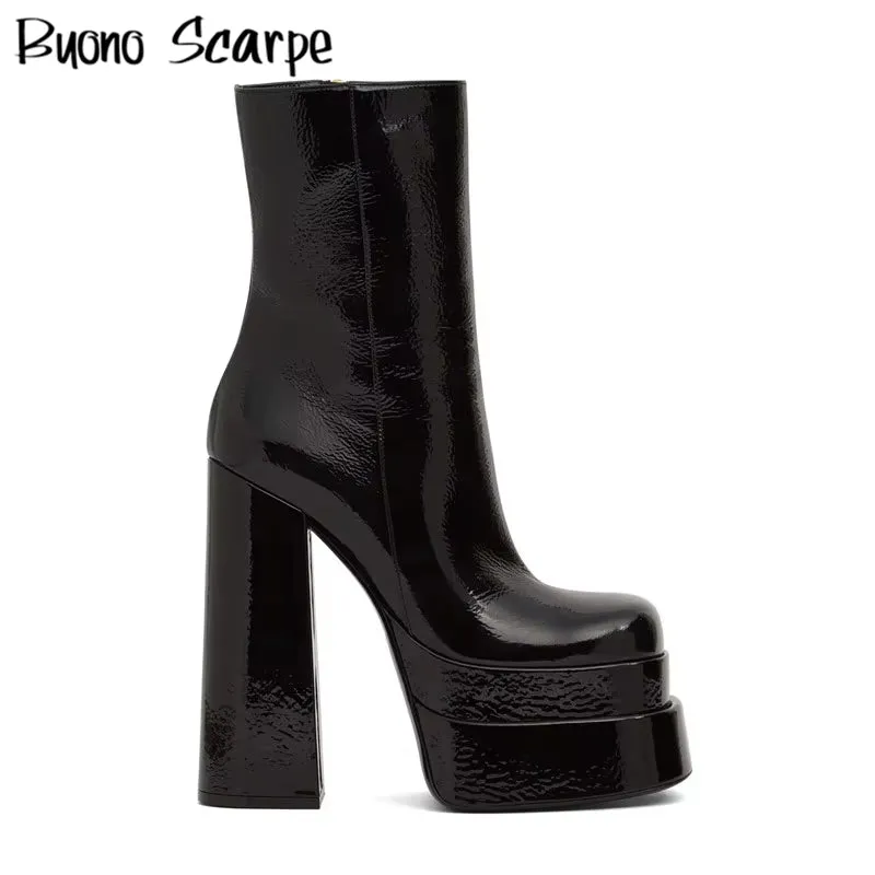 Black Leather Chunky High Heels Platform Boots Square Toe Slip on Mid Calf Boots Side Zipper Platform Shoes for Women'S Boots
