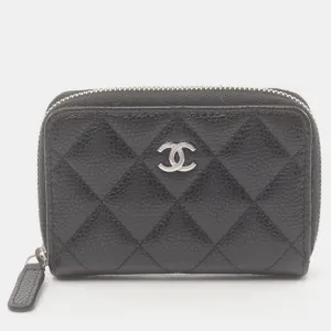 Black Leather Quilted Caviar Zip Coin Purse