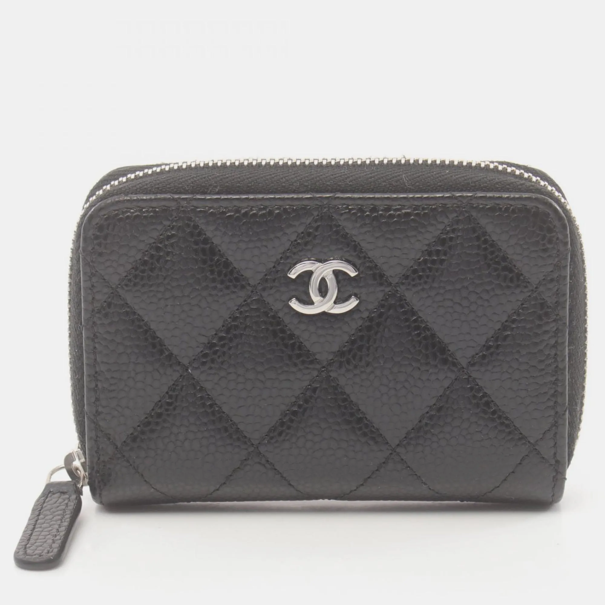 Black Leather Quilted Caviar Zip Coin Purse