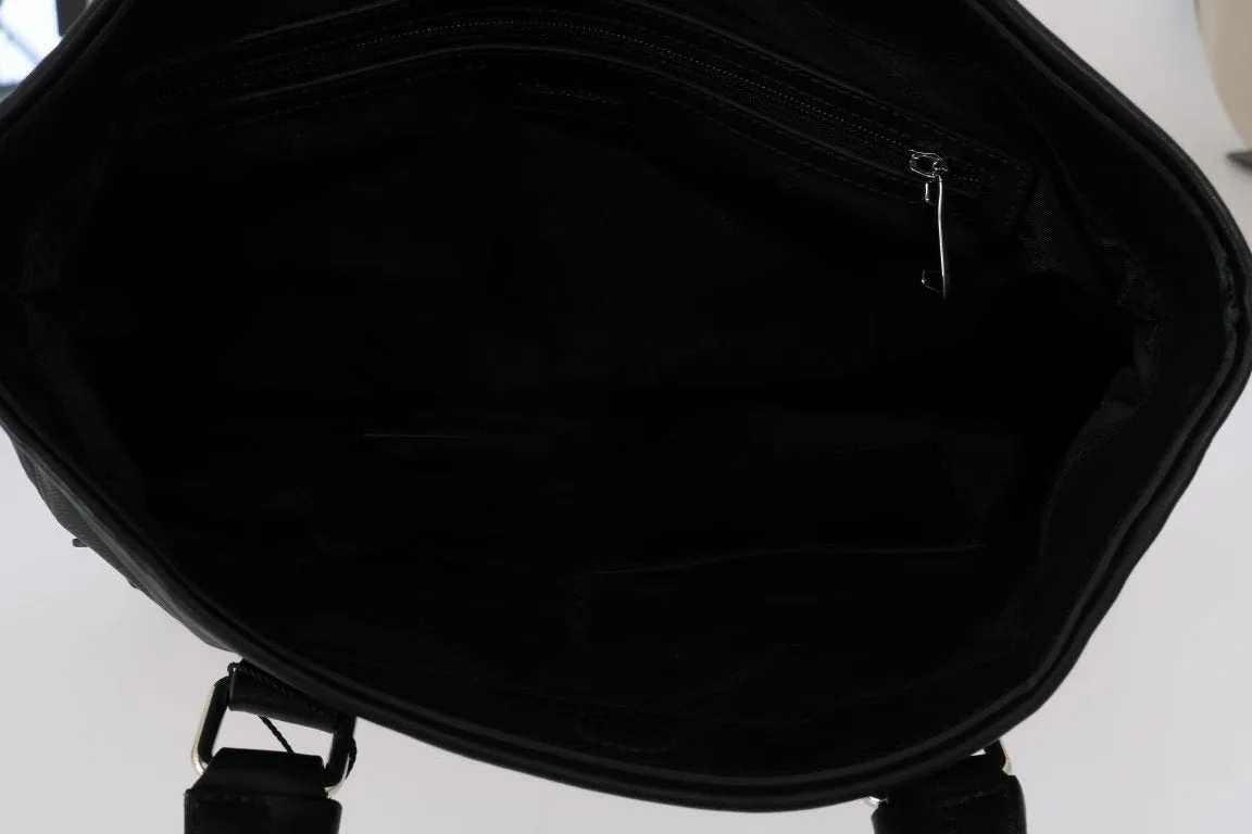 Black Leather Shopping Tote Bag