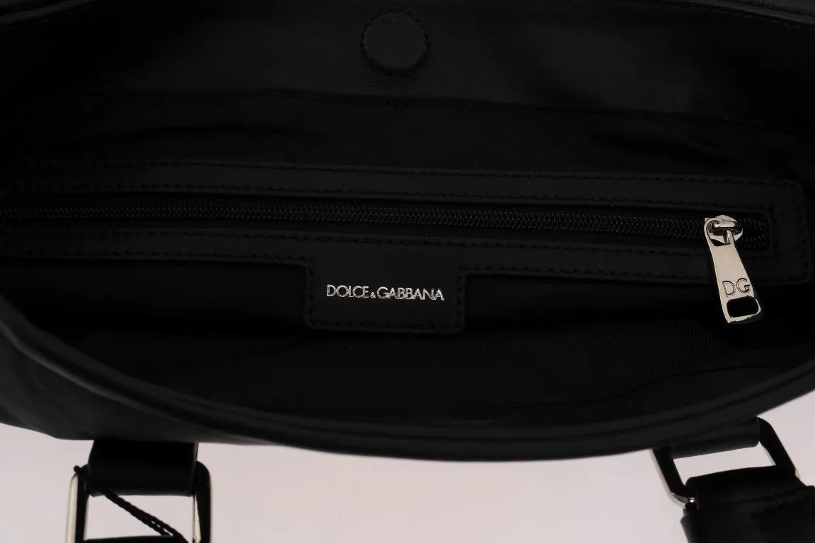Black Leather Shopping Tote Bag