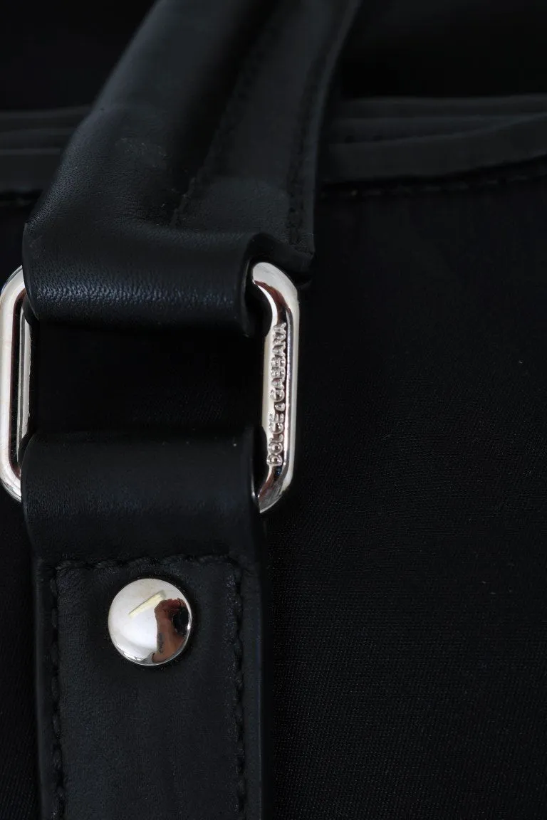 Black Leather Shopping Tote Bag