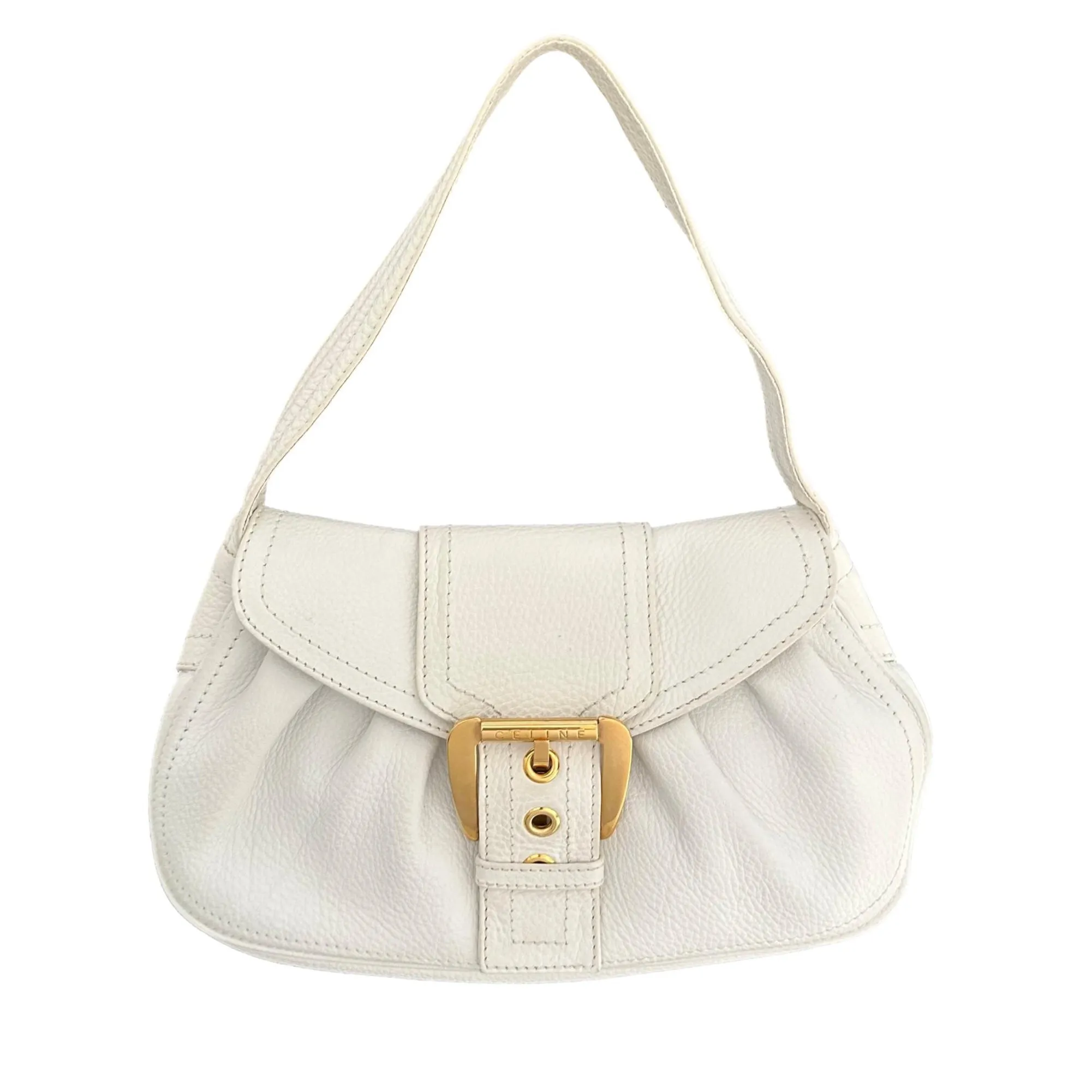 Celine White Leather Buckle Shoulder Bag