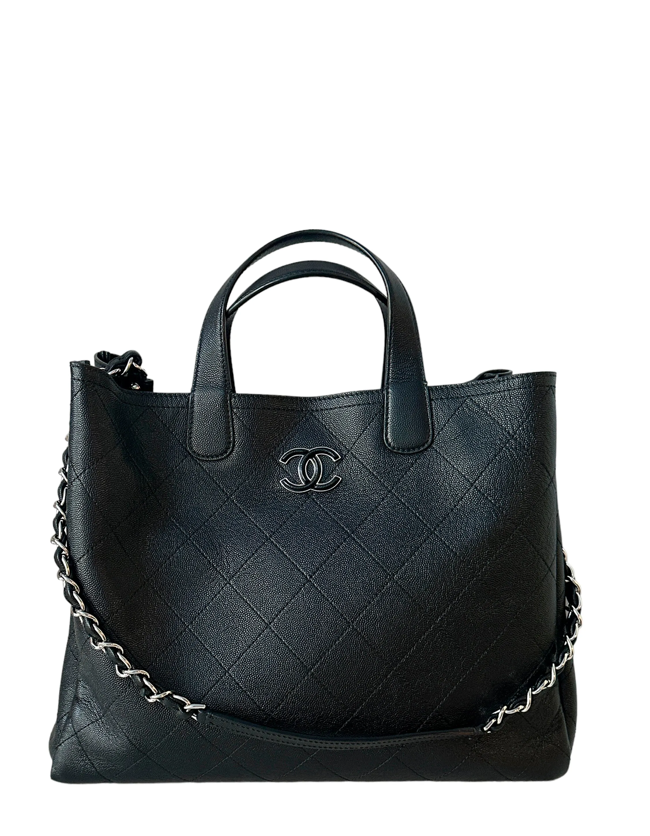 Chanel Black Caviar Leather Quilted CC Shopping Tote Bag
