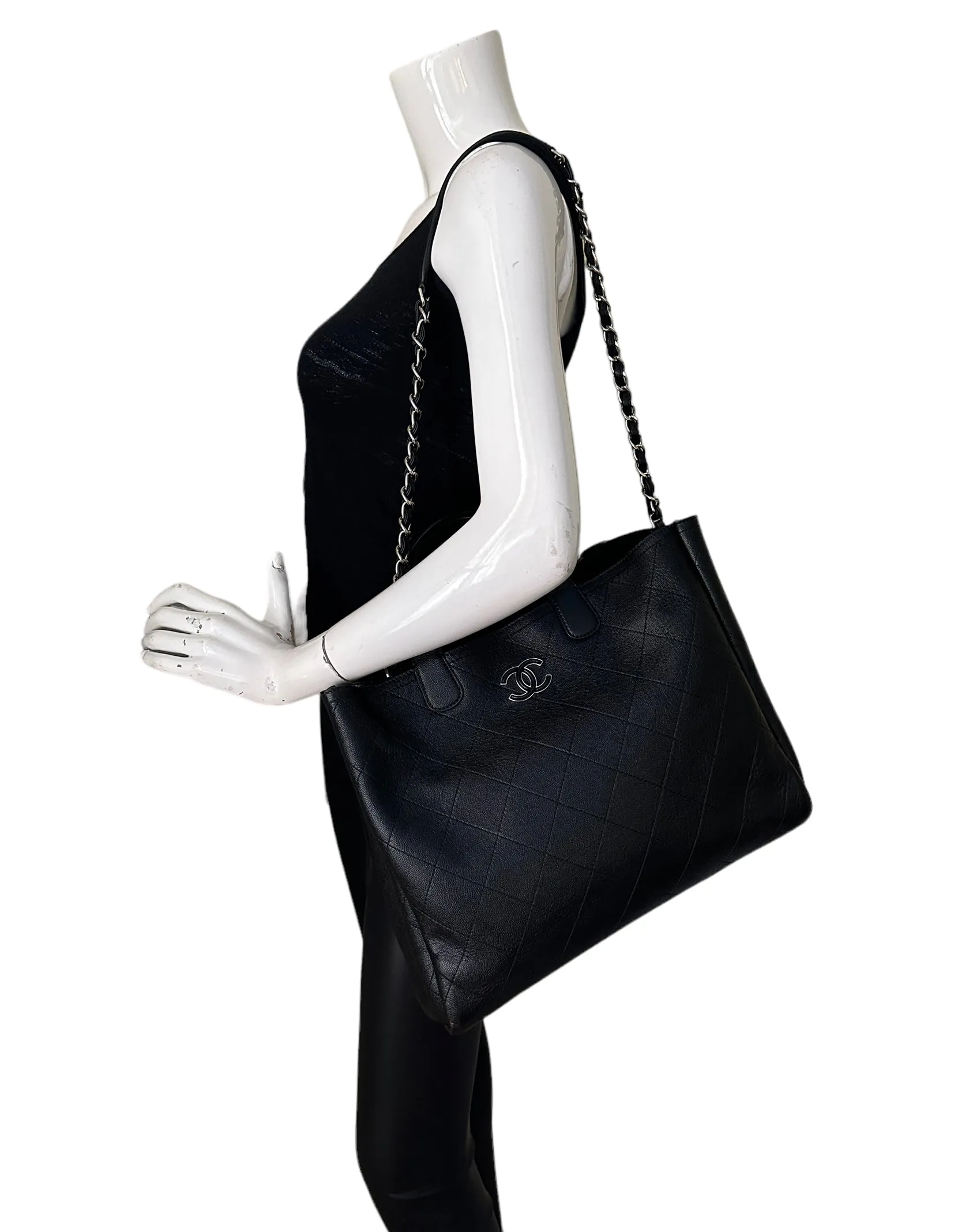 Chanel Black Caviar Leather Quilted CC Shopping Tote Bag