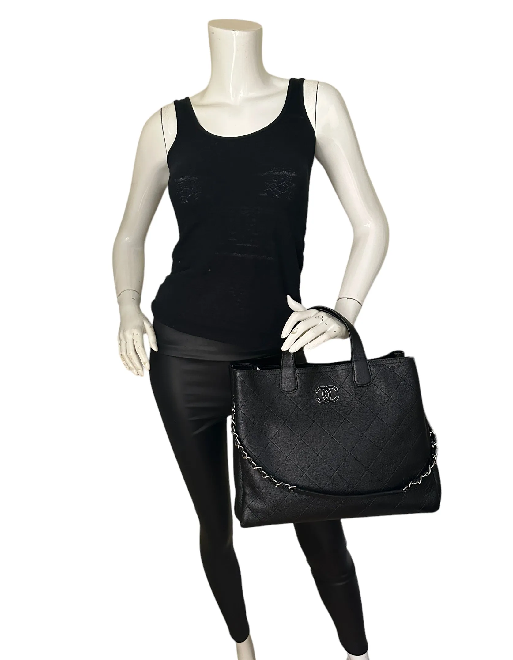 Chanel Black Caviar Leather Quilted CC Shopping Tote Bag