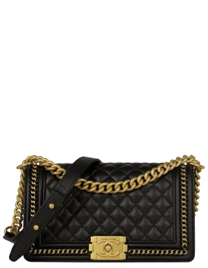 Chanel Black Caviar Quilted Medium Chain Through Boy Flap