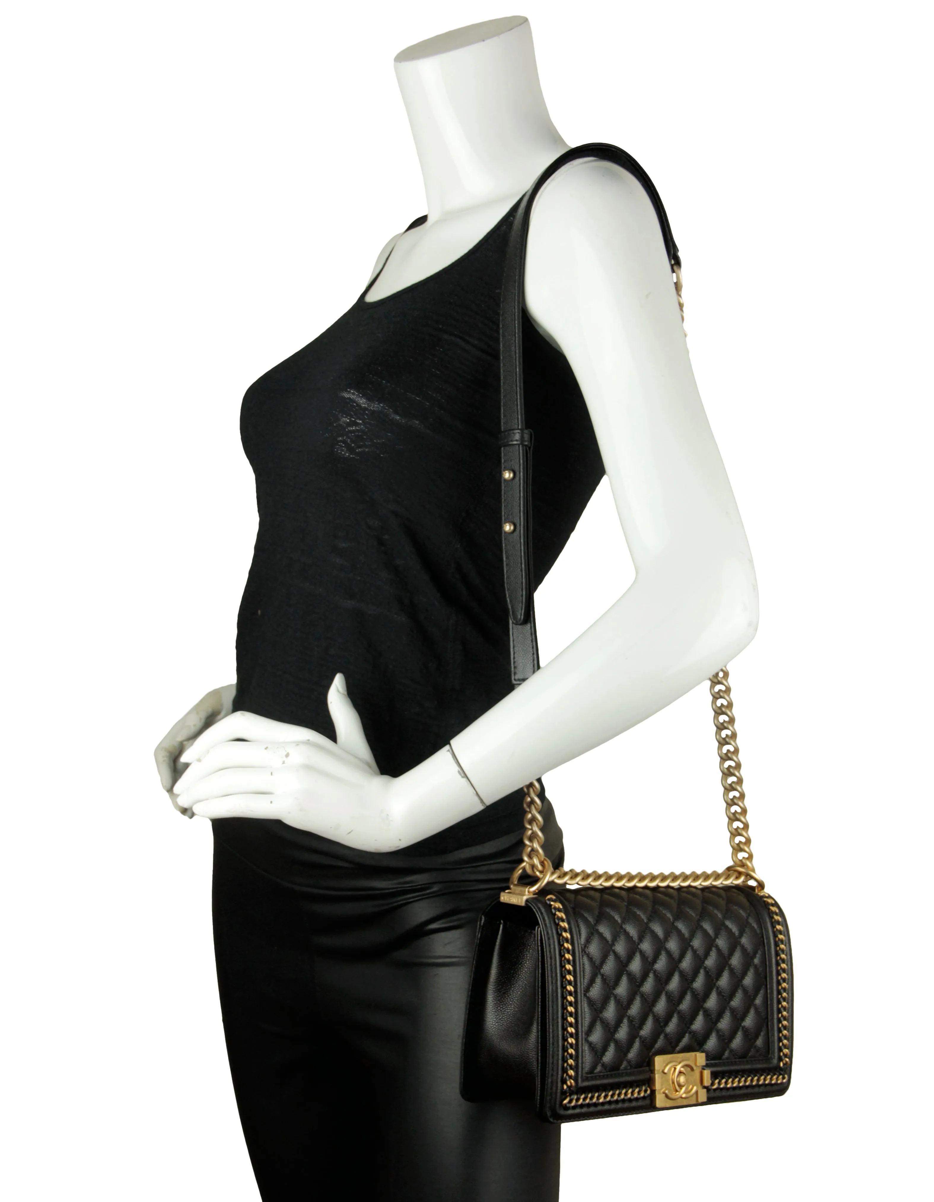 Chanel Black Caviar Quilted Medium Chain Through Boy Flap