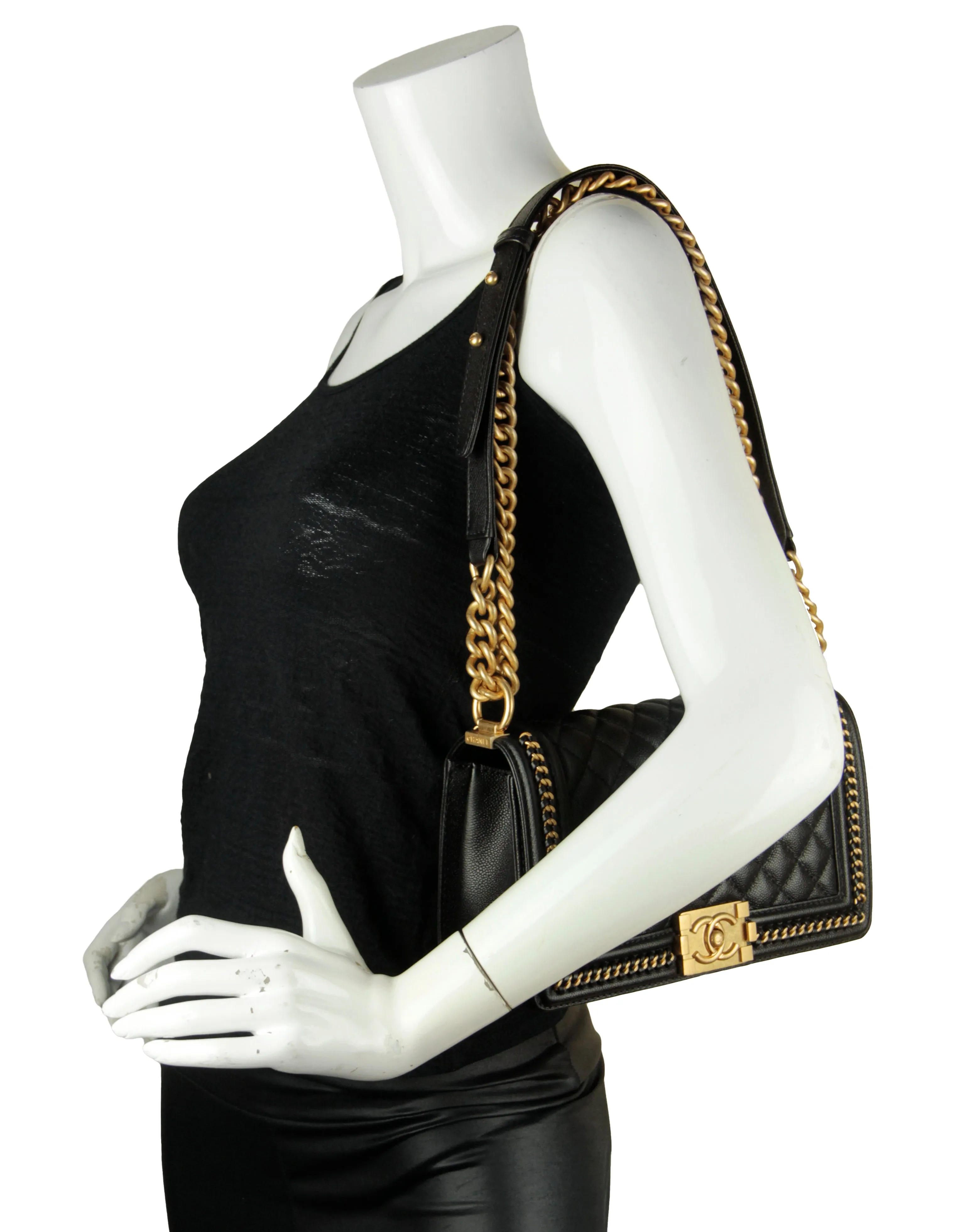 Chanel Black Caviar Quilted Medium Chain Through Boy Flap
