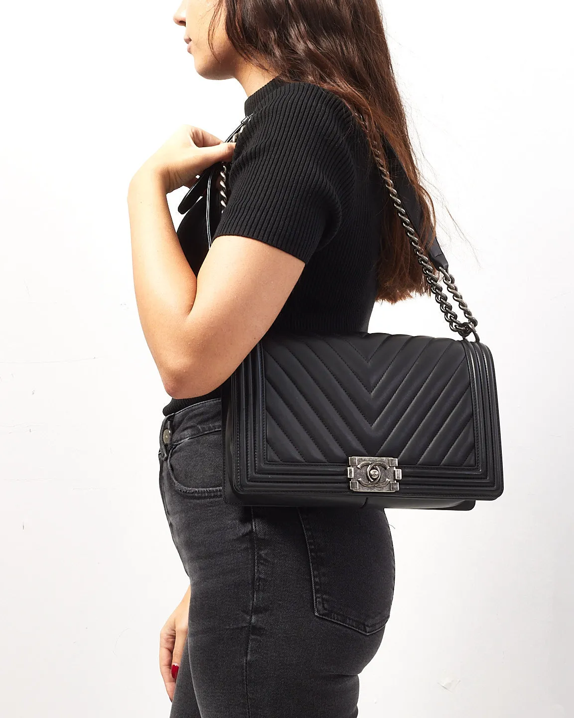 Chanel Black Chevron Leather Old Medium Boy Bag