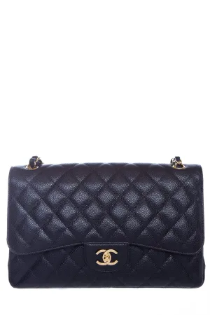 Chanel Black Quilted Caviar Double Flap Jumbo Handbag