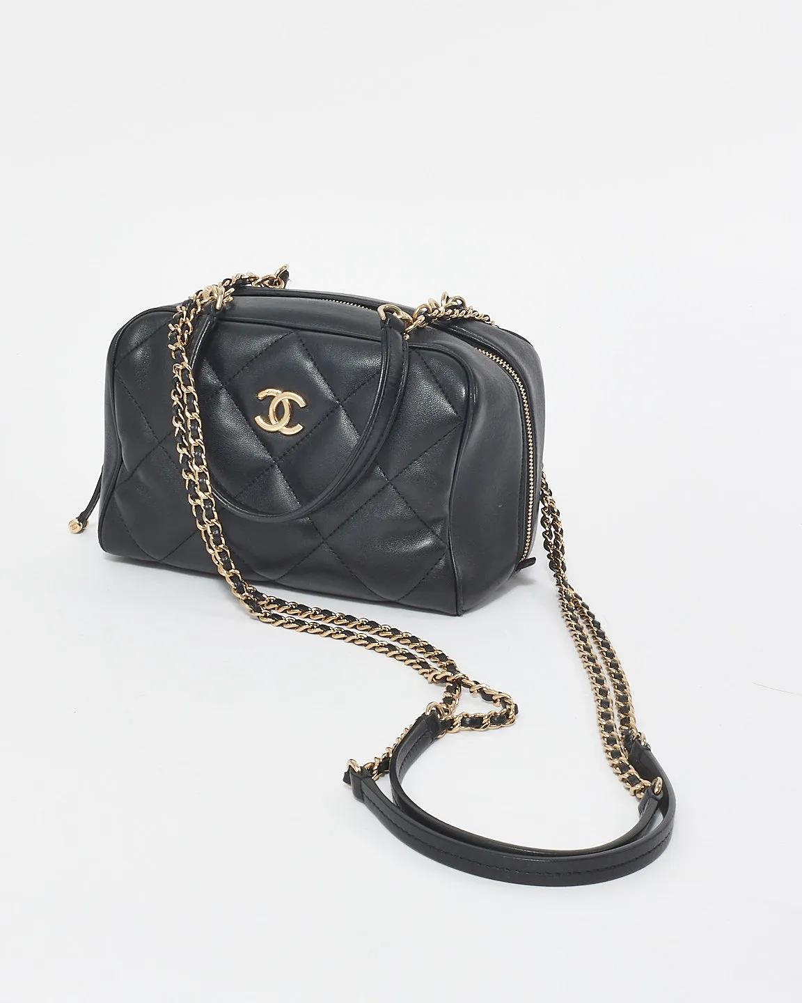 Chanel Black Quilted Lambskin Leather Small Bowling GHW