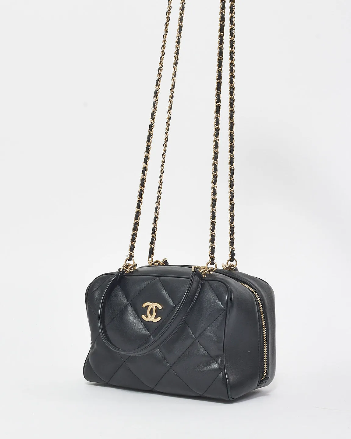 Chanel Black Quilted Lambskin Leather Small Bowling GHW