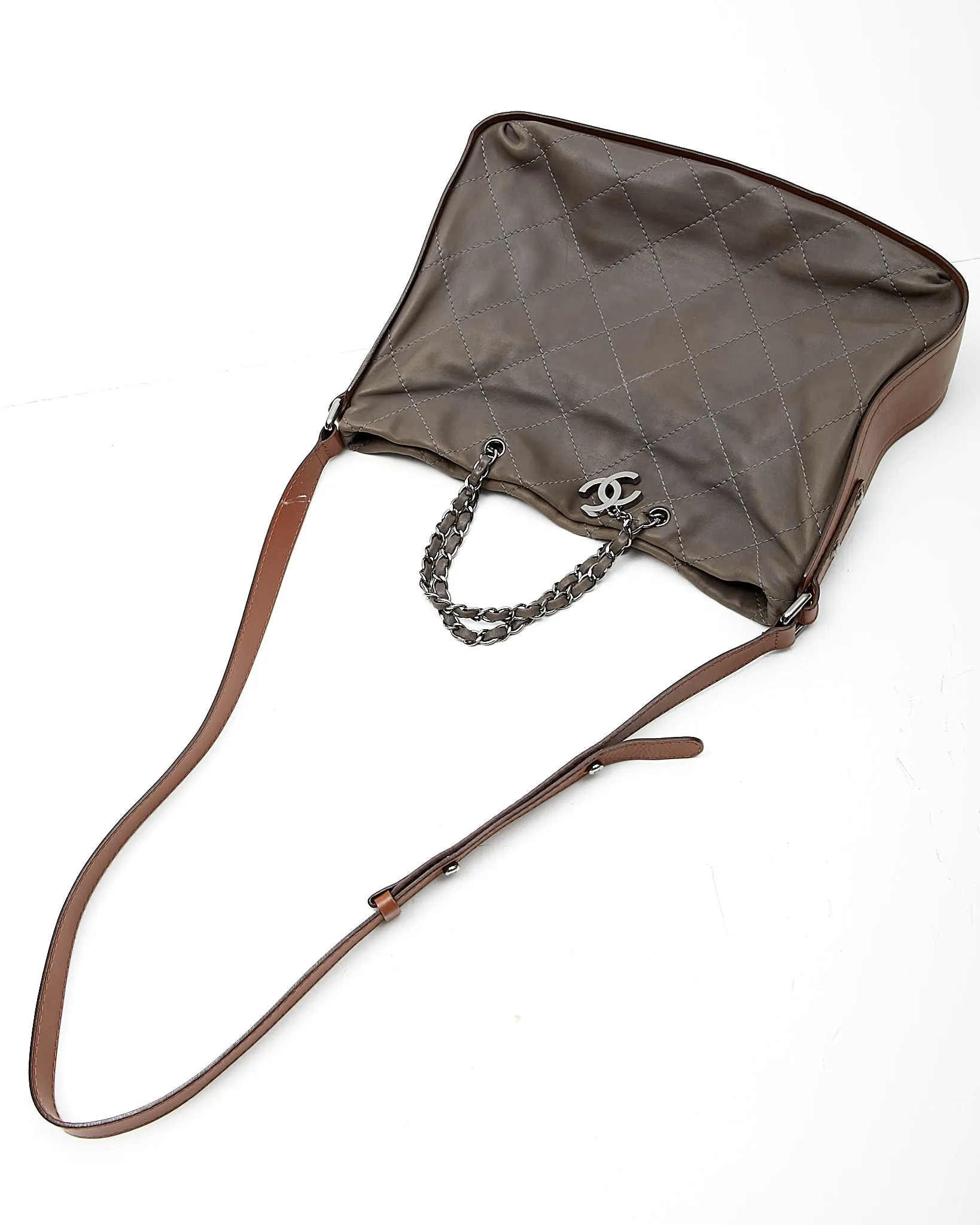 Chanel Grey/Tan Quilted Leather Convertible Messenger Tote Bag